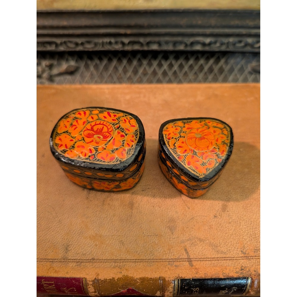 Vintage Kashmiri Papier Mache Trinket Box Set Hand Painted Floral Black Orange